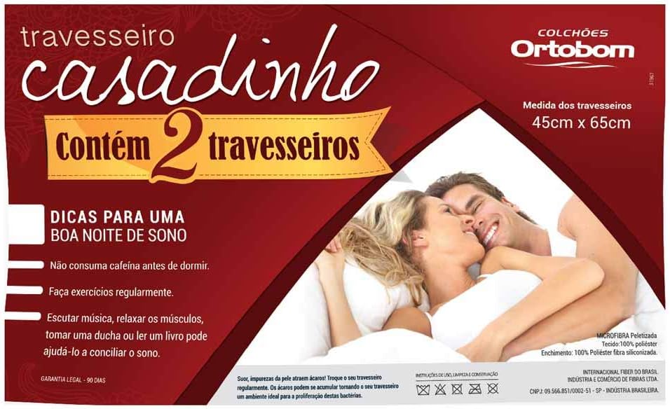 Kit com 2 Travesseiros Ortobom Casadinho | 65cm x 45cm | Fibra Siliconada