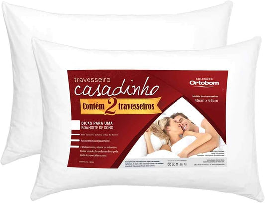 Kit com 2 Travesseiros Ortobom Casadinho | 65cm x 45cm | Fibra Siliconada